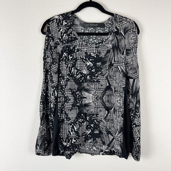 Yigal Azrouel Cold Shoulder Silk Top Womens 6 Black Blouse Printed Long Sleeve - Picture 1 of 13